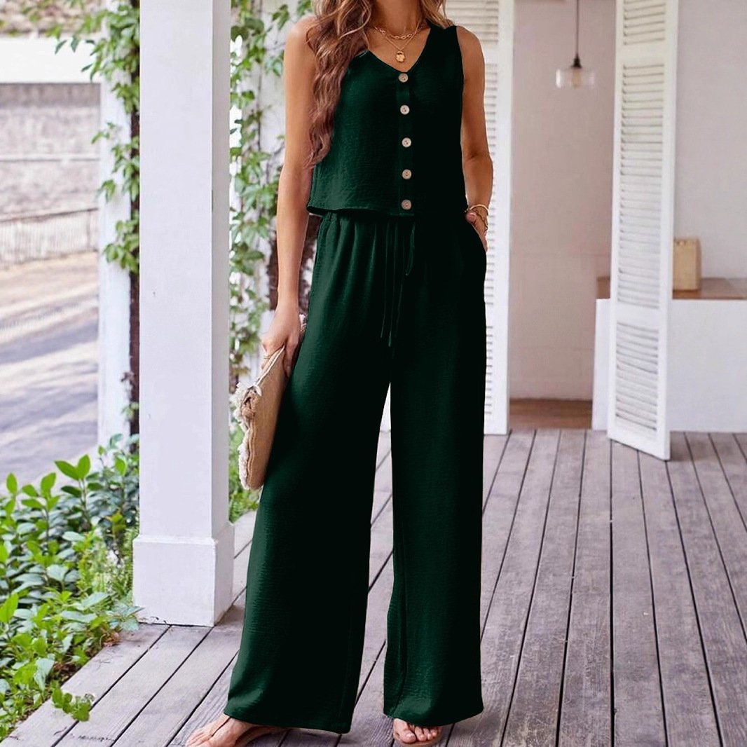 Conjunto de dos piezas: top sin mangas abotonado + pantalón ancho con bolsillos – estilo elegante y cómodo - Imagen 3