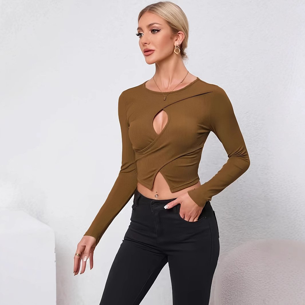 Camiseta crop de manga larga con cuello redondo – estilo urbano ajustado - Imagen 2