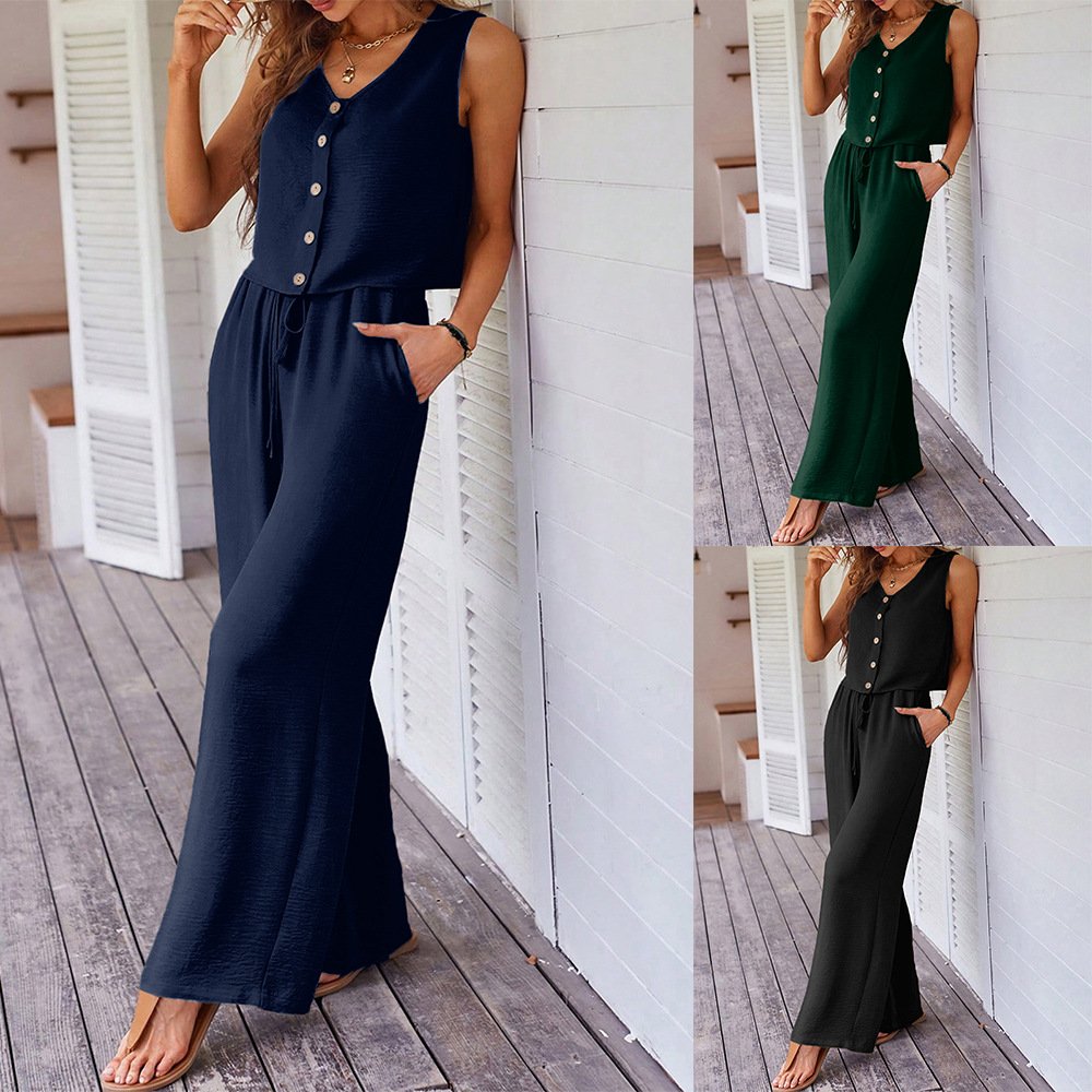 Conjunto de dos piezas: top sin mangas abotonado + pantalón ancho con bolsillos – estilo elegante y cómodo - Imagen 2