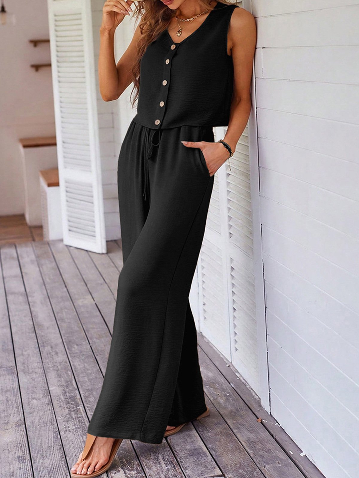 Conjunto de dos piezas: top sin mangas abotonado + pantalón ancho con bolsillos – estilo elegante y cómodo - Imagen 7