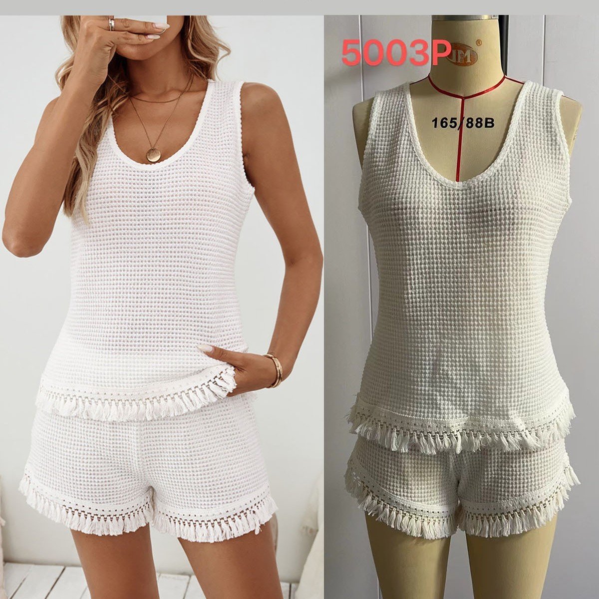 Conjunto de camiseta y pantalón corto — diseño casual con flecos - Imagen 6