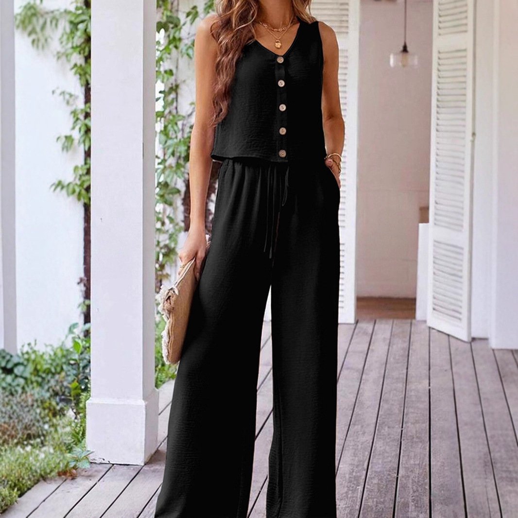 Conjunto de dos piezas: top sin mangas abotonado + pantalón ancho con bolsillos – estilo elegante y cómodo - Imagen 5