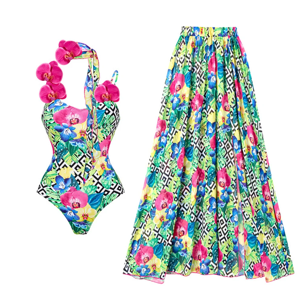 Set de playa de dos piezas – bañador y falda con diseño floral - Imagen 3