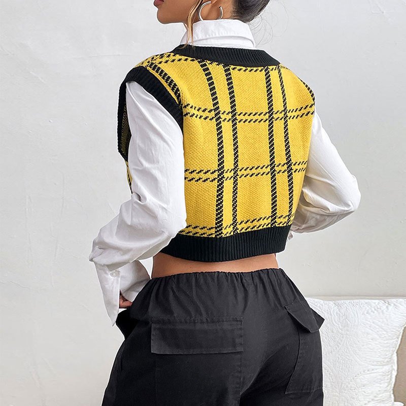 Chaleco de punto escote en V — diseño de cuadros en amarillo con ribete negro - Imagen 3