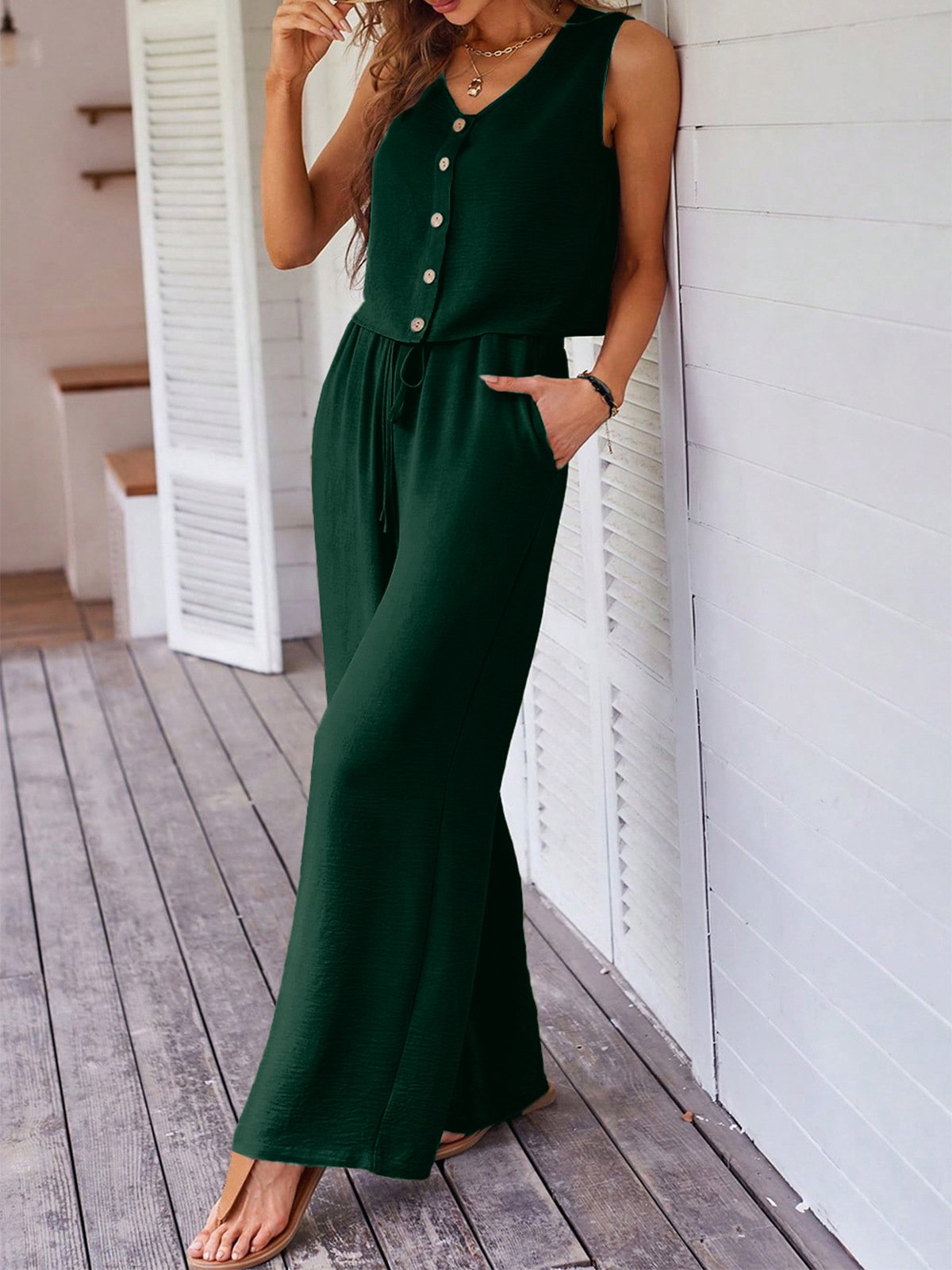 Conjunto de dos piezas: top sin mangas abotonado + pantalón ancho con bolsillos – estilo elegante y cómodo - Imagen 9