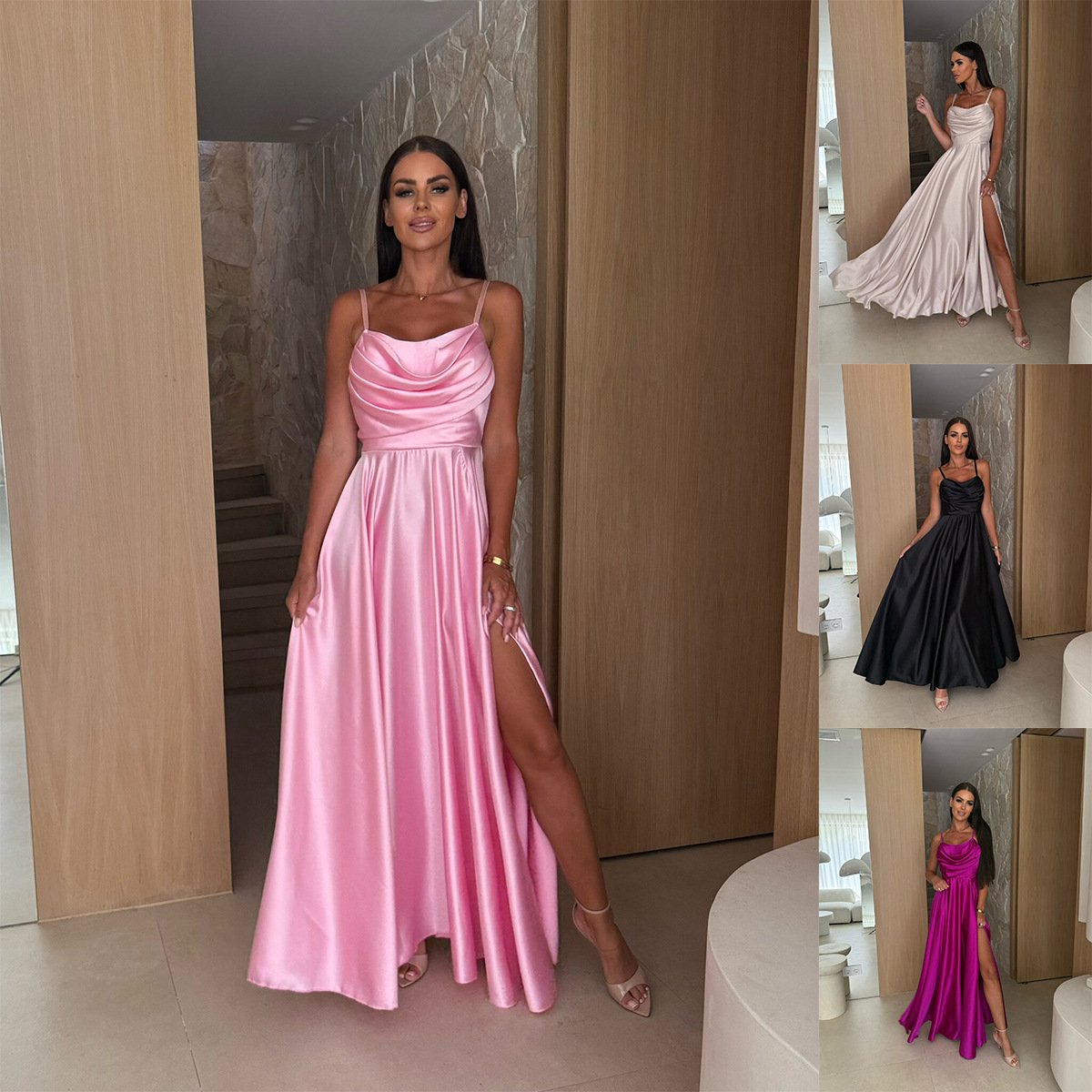 Vestido de tirantes con abertura y pliegues – estilo elegante y sensual
