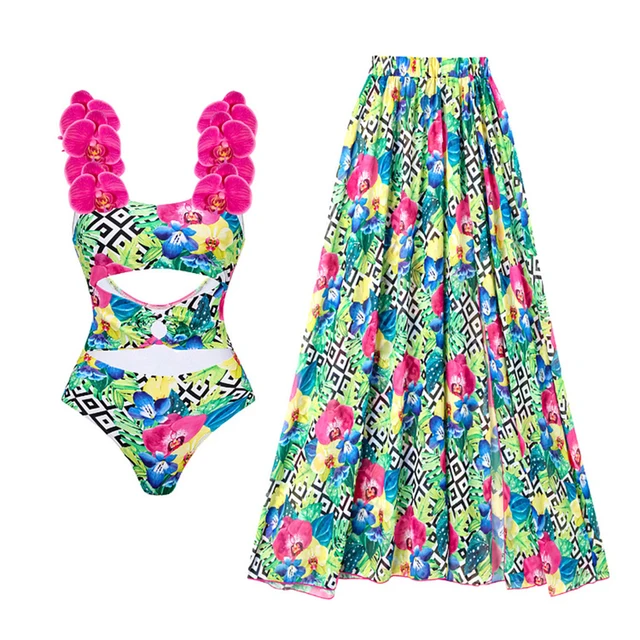 Set de playa de dos piezas – bañador y falda con diseño floral - Imagen 8