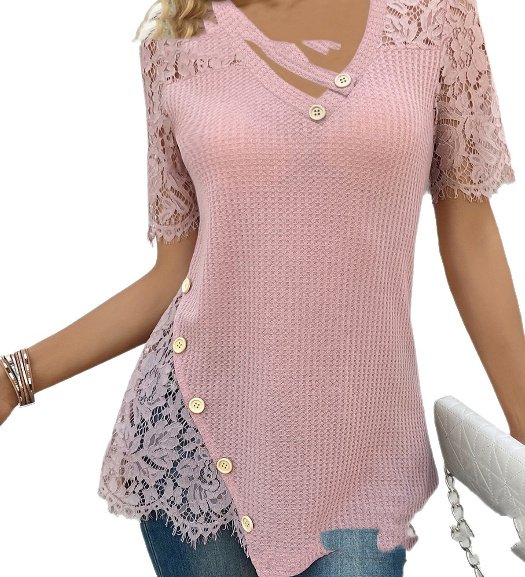 Jersey de encaje bordado — manga corta y corte A-línea en colores sólidos - Imagen 2