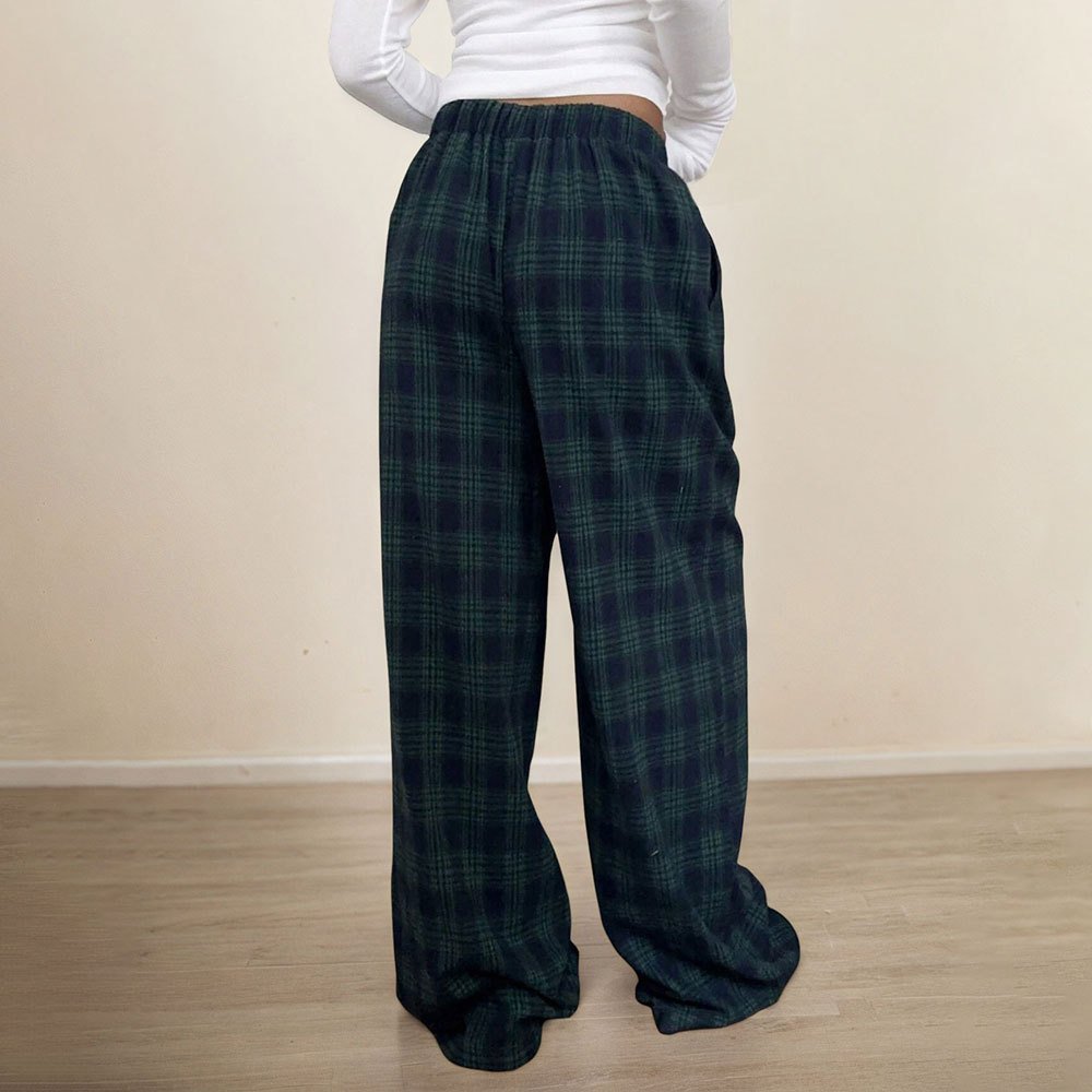 Pantalón verde de pierna ancha con cintura elástica y estampado de cuadros. - Imagen 4