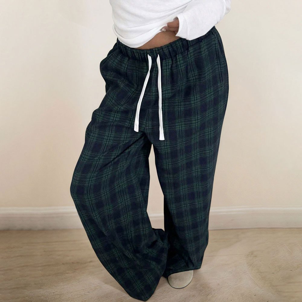 Pantalón verde de pierna ancha con cintura elástica y estampado de cuadros. - Imagen 3